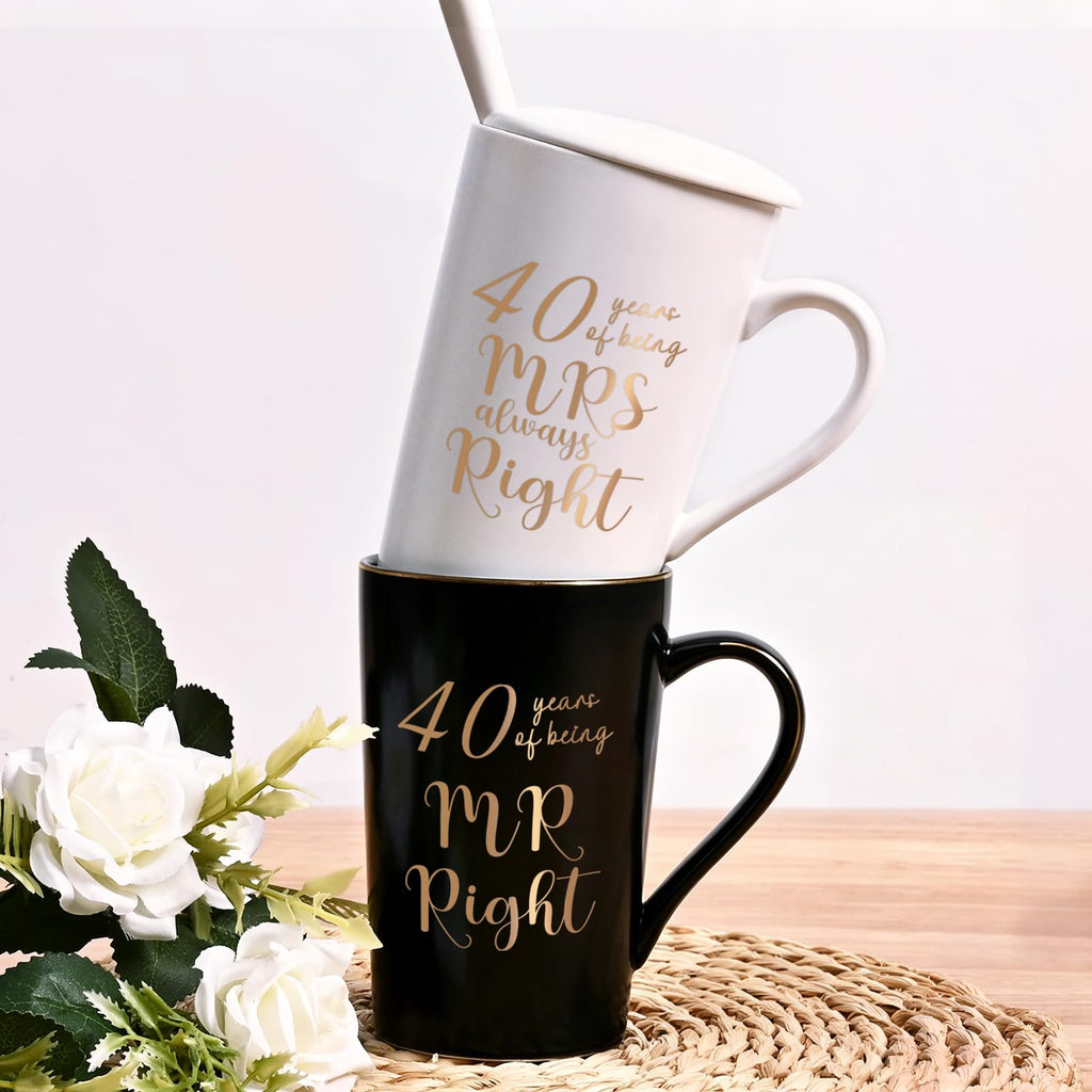 40th Wedding Gifts, 40 Years of Being Mr & Mrs Always Right Mug Set 14Oz with Lids Spoons and Gift Box, Christmas