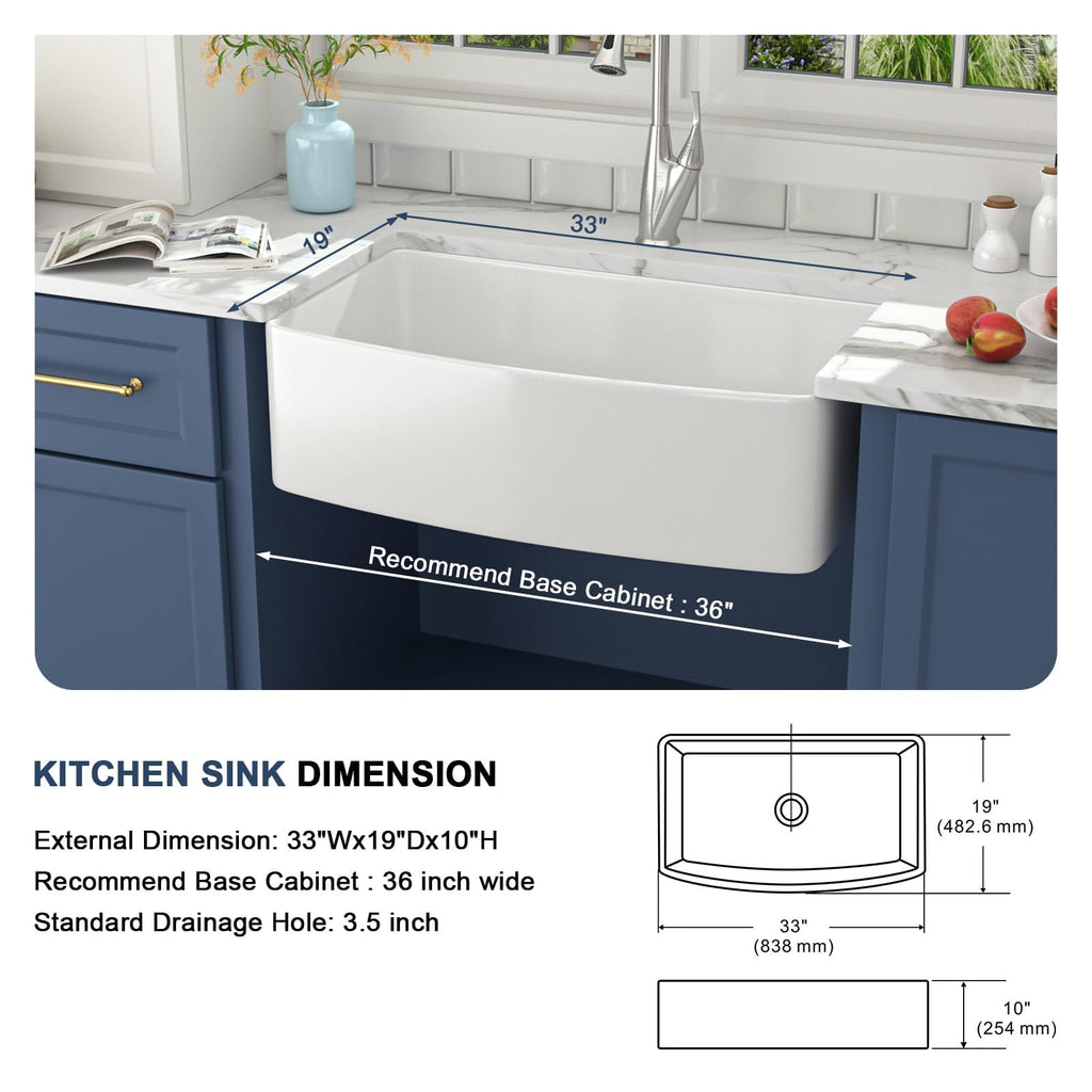 33x19x10 Inch White Farmhouse Kitchen Sinks Apron Front Flat Fireclay Porcelain Ceramic Farmers Single Bowl Farmer