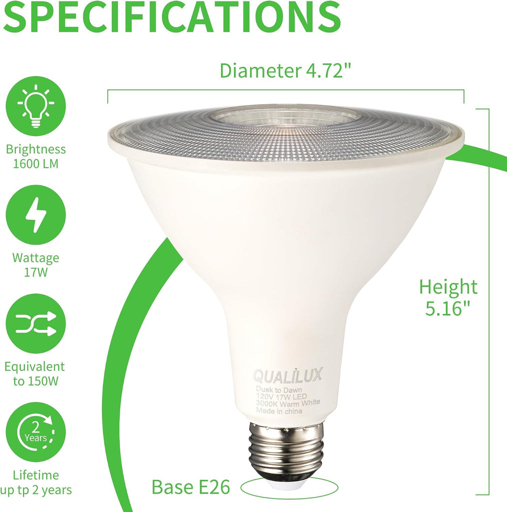 PAR38 Dusk to Dawn LED Flood Light Bulbs, Daylight White 5000K, 150W Equivalent 17W, 1700LM, Auto On/Off Light