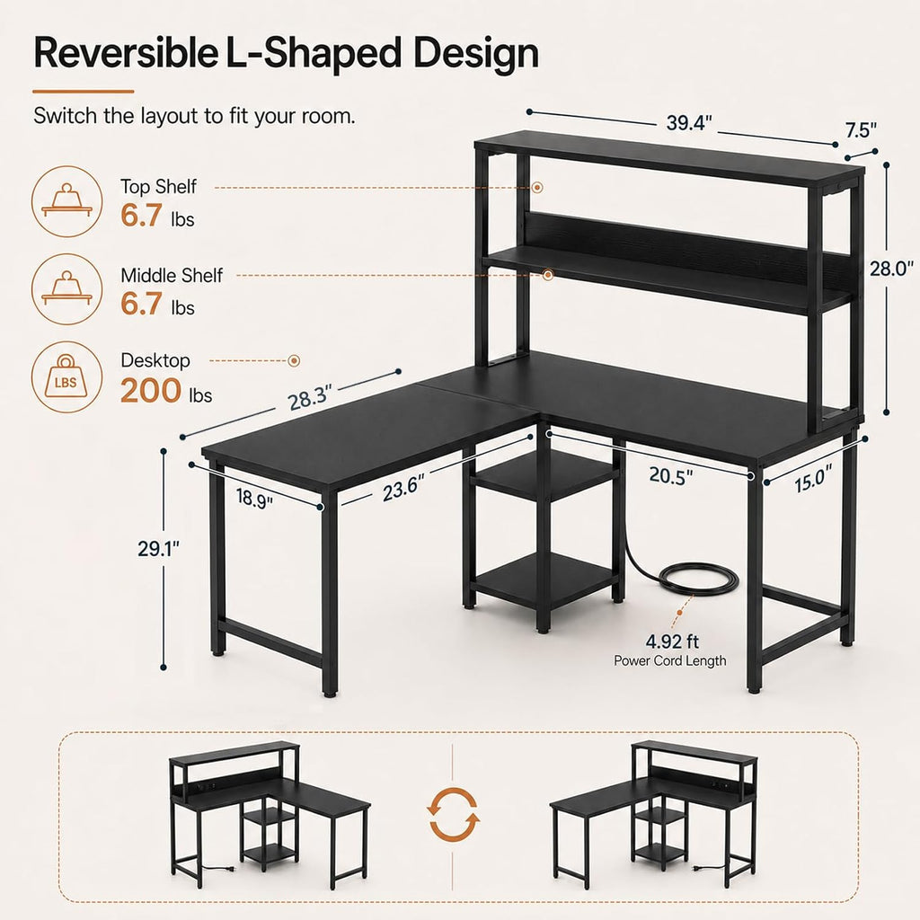 L Shaped Desk Gaming Desk with LED Light & Power Outlet, 43 Inch Reversible Computer Table with Shelf & Storage