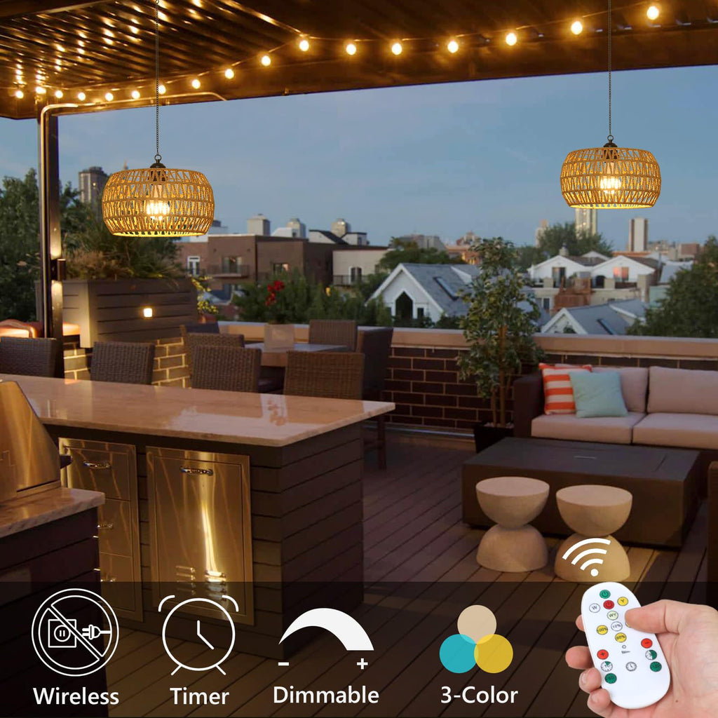 Battery Operated Chandelier with Remote, 11.8" Rattan Battery Powered Hanging Light for Porch, Rechargeable Outdoor