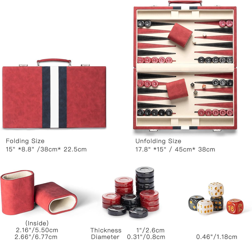 15inch Backgammon Sets for Adults, Classic Backgammon Board with Unique Checkers Dice, Faux Leather Exterior