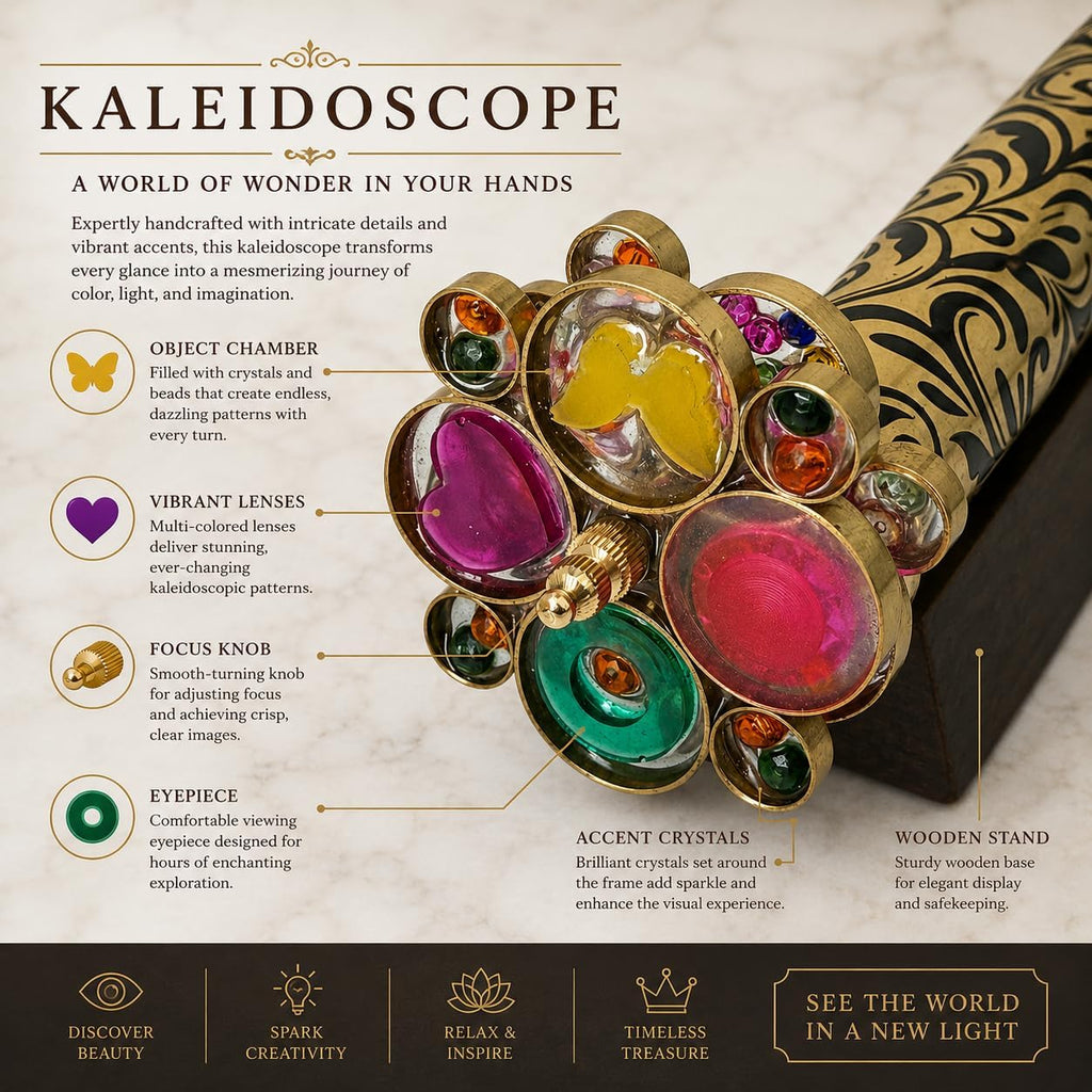 Handcrafted Etched Lacquered Brass Kaleidoscope | Floral Engraved with Dual Separate Turning Wheels | Vintage
