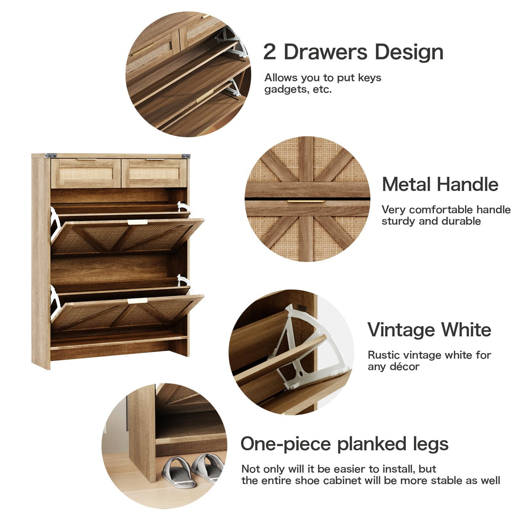Shoe Cabinet with 2 Flip Drawers & 2 Drawers, Farmhouse Shoe Storage Cabinet, Slim Freestanding Narrow Organizer Rack