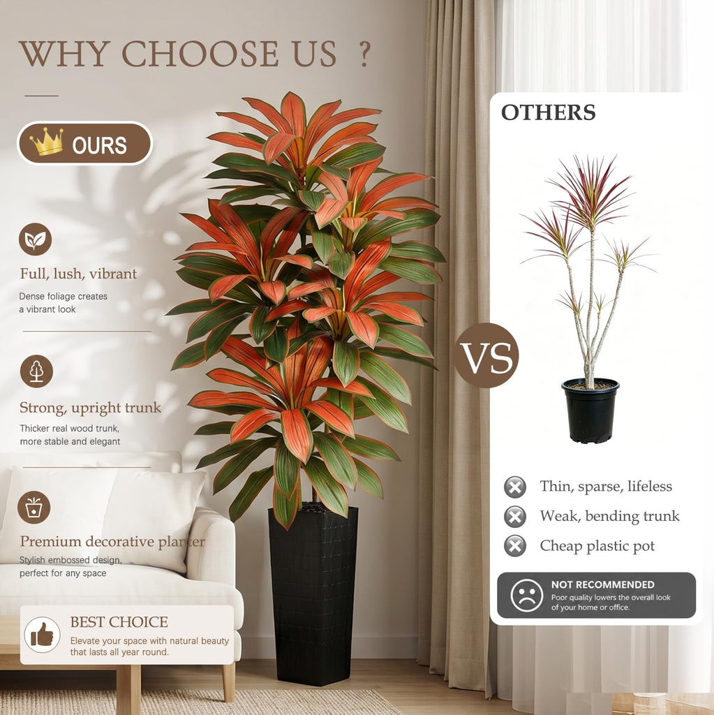 Artificial Red Dracaena Tree 7FT - Fake Tree with Black Tall Planter