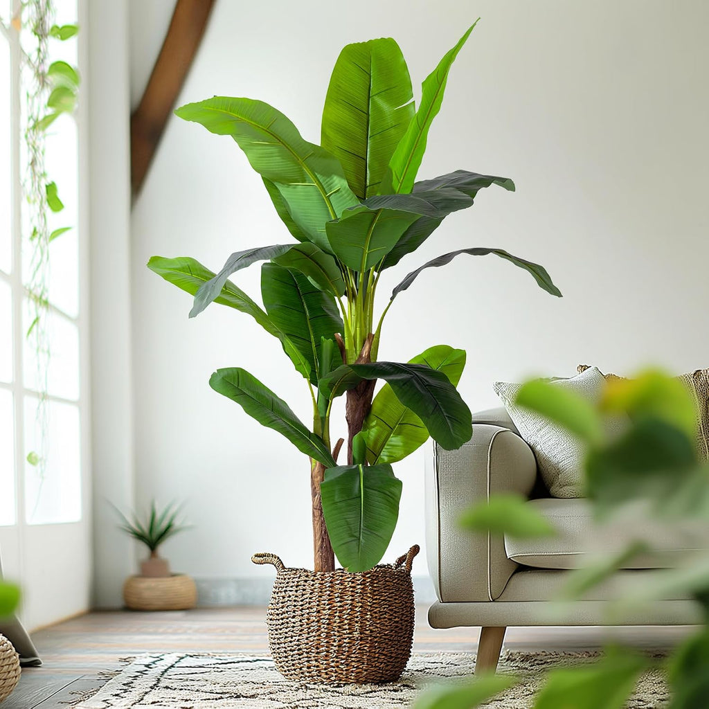 6FT Artificial Banana Tree, Lifelike Fake Banana Leaf Tropical Silk Tree, Easy Assembly Faux Floor Plant with Sturdy
