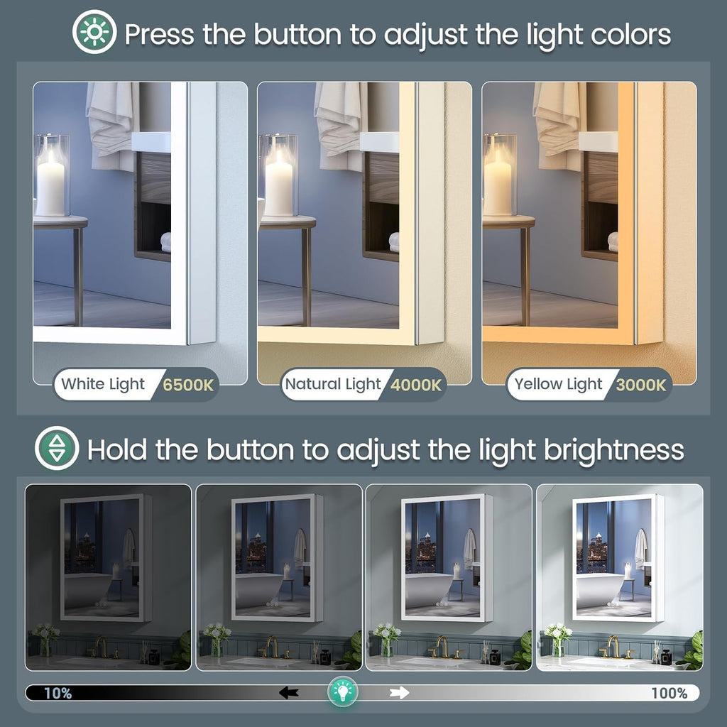 16x24 Inch Medicine Cabinet with Lights, Lighted Medicine Cabinet with Mirror, AL Alloy Frame, Hardwired, Recessed or