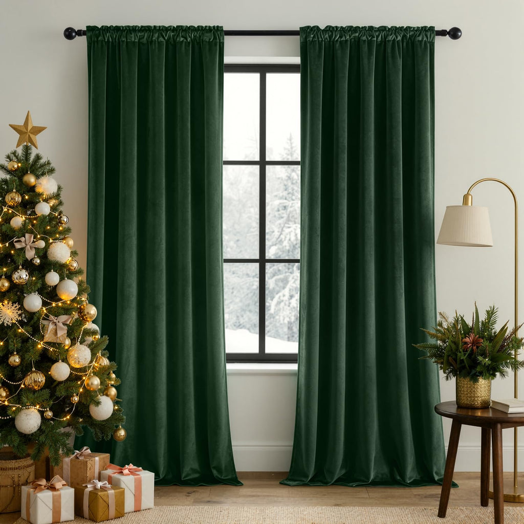 Christmas Hunter Green Velvet Blackout Curtains W40 x L84, 2 Panels