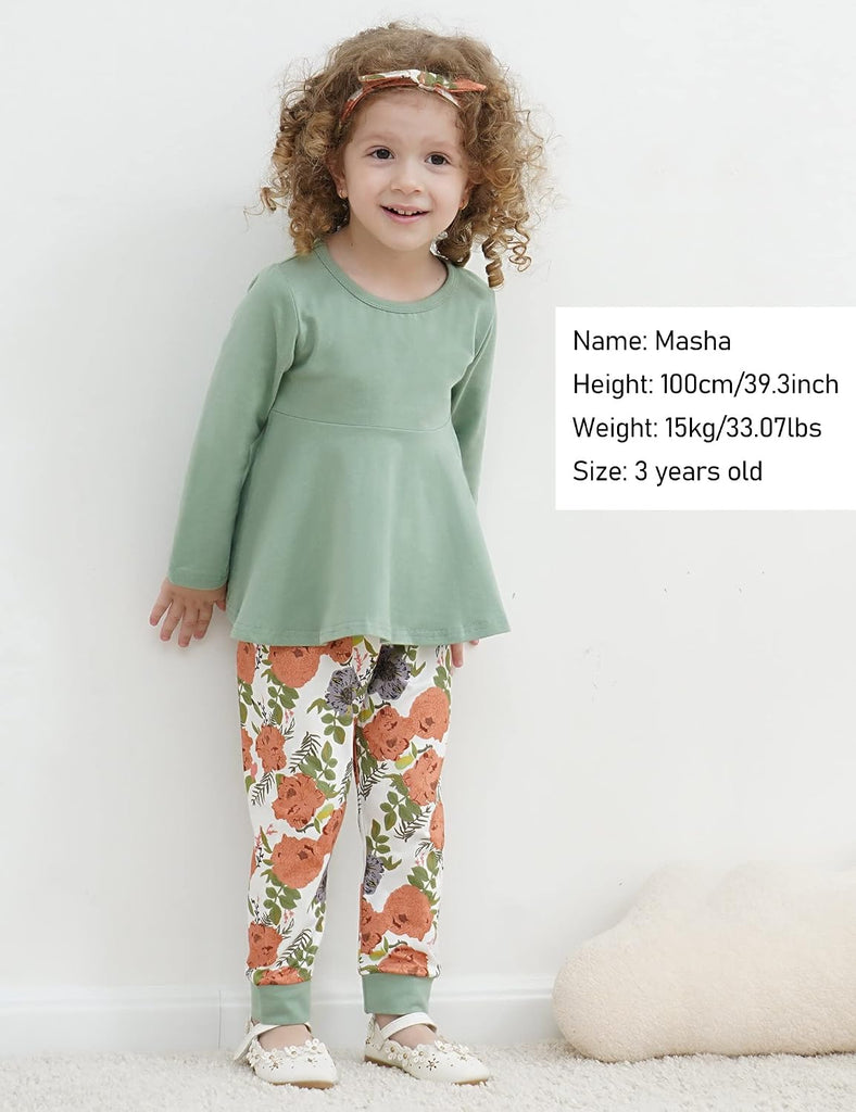Toddler Baby Girl Clothes Solid Color Ruffle Tops Floral Pants with Headband Outfit Set