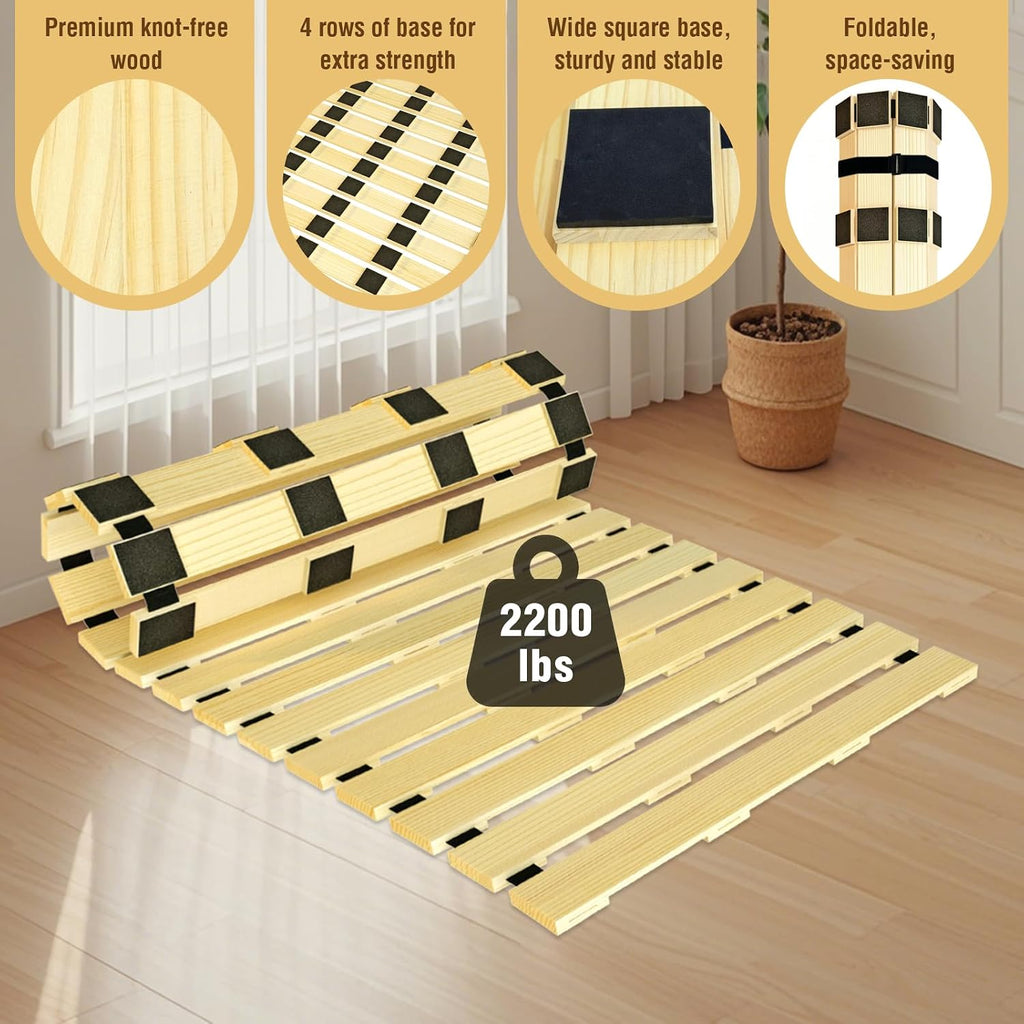 Tatami Mat Floor Bed, Knotless Solid Wood, Roll-Up Slatted, Bed Plate with 2 Storage Straps, Moisture-Proof and