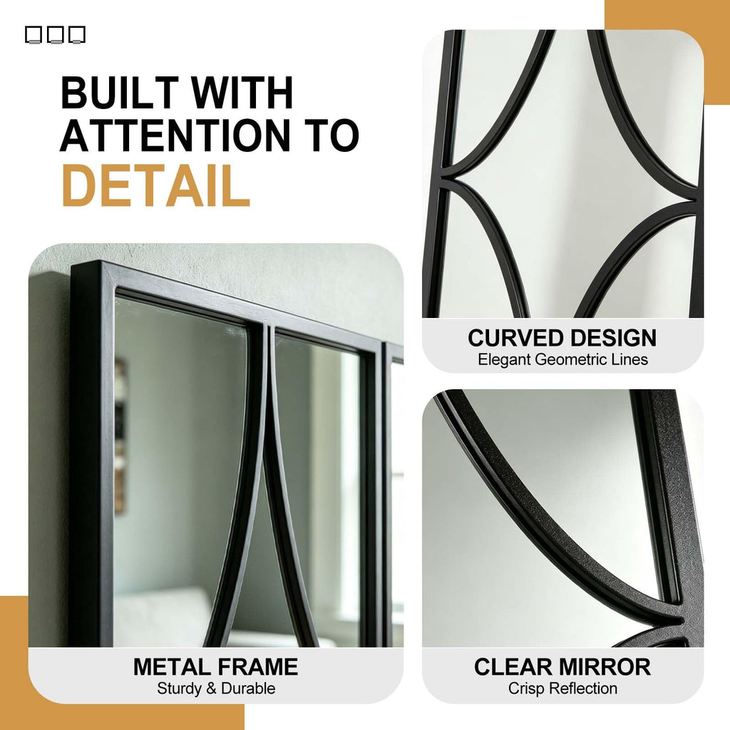 Set of 3 Black Wall Mirrors, Modern Geometric Decorative Mirror Set with Curved Line Design, Contemporary Wall Mirror