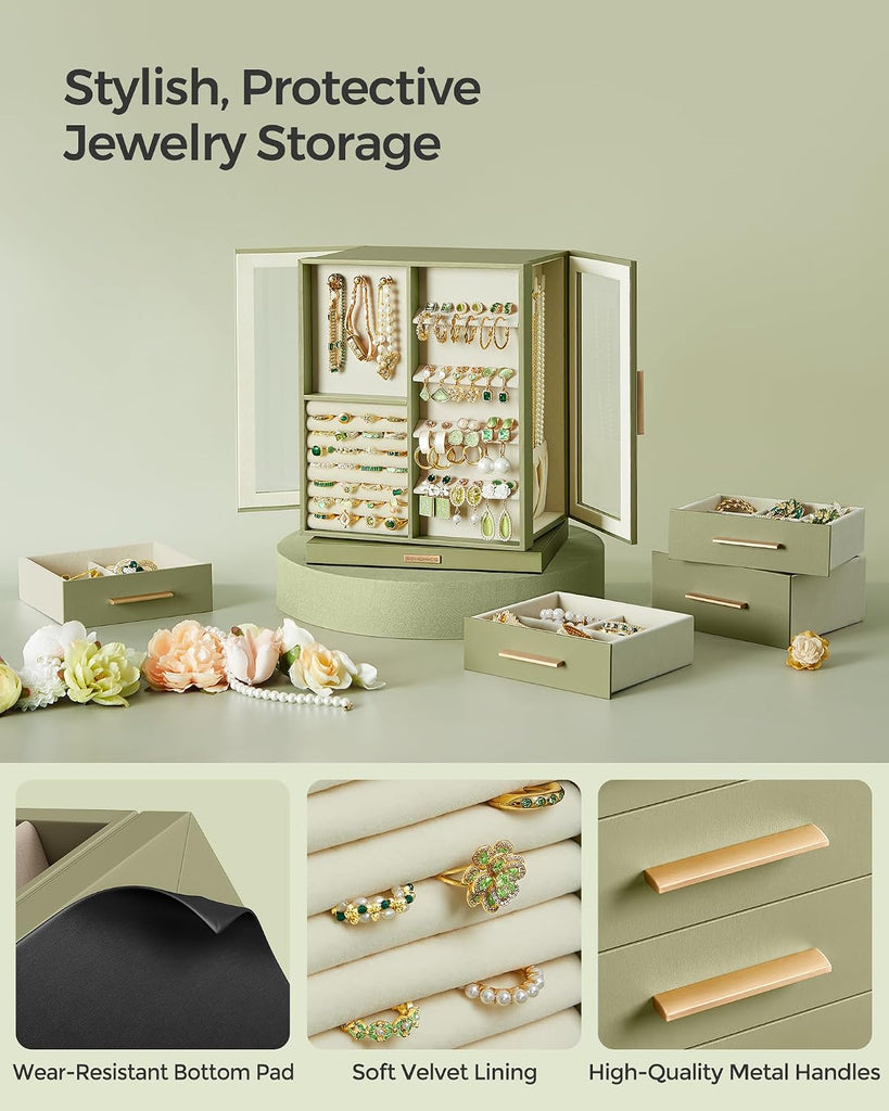 Jewelry Box Organizer, 360° Rotating, 5 Drawers, Laurel Green