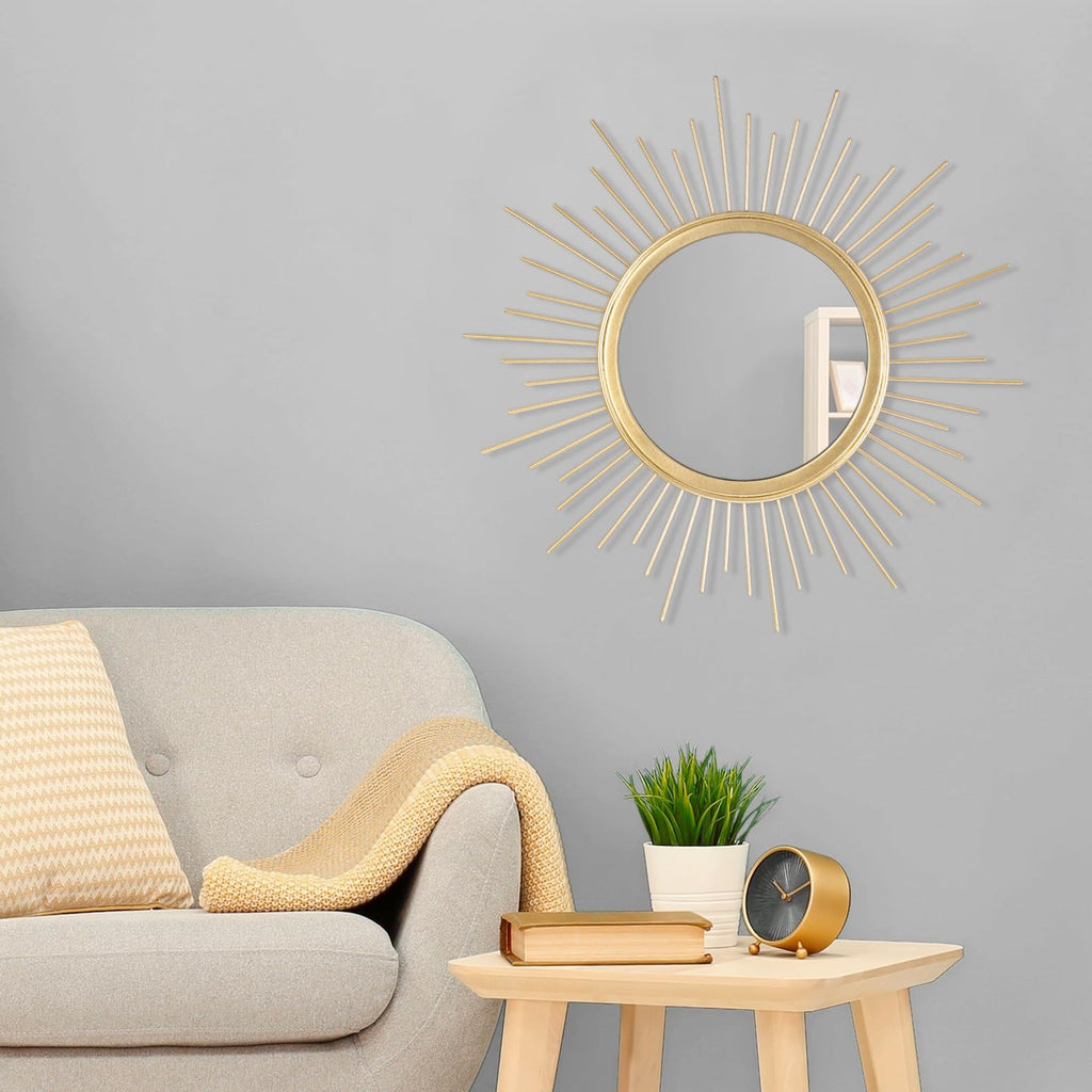 Large Gold Spoked Sunburst Wall Mirror Boho Home Decor Round Wall Art Mirror Modern Metal Mirrors for Wall Living