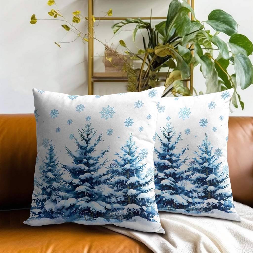Snow Pine Trees Pillow Covers Set of 2 - Winter Snowflake Xmas Tree Blue White Throw Pillow Covers Couch Christmas