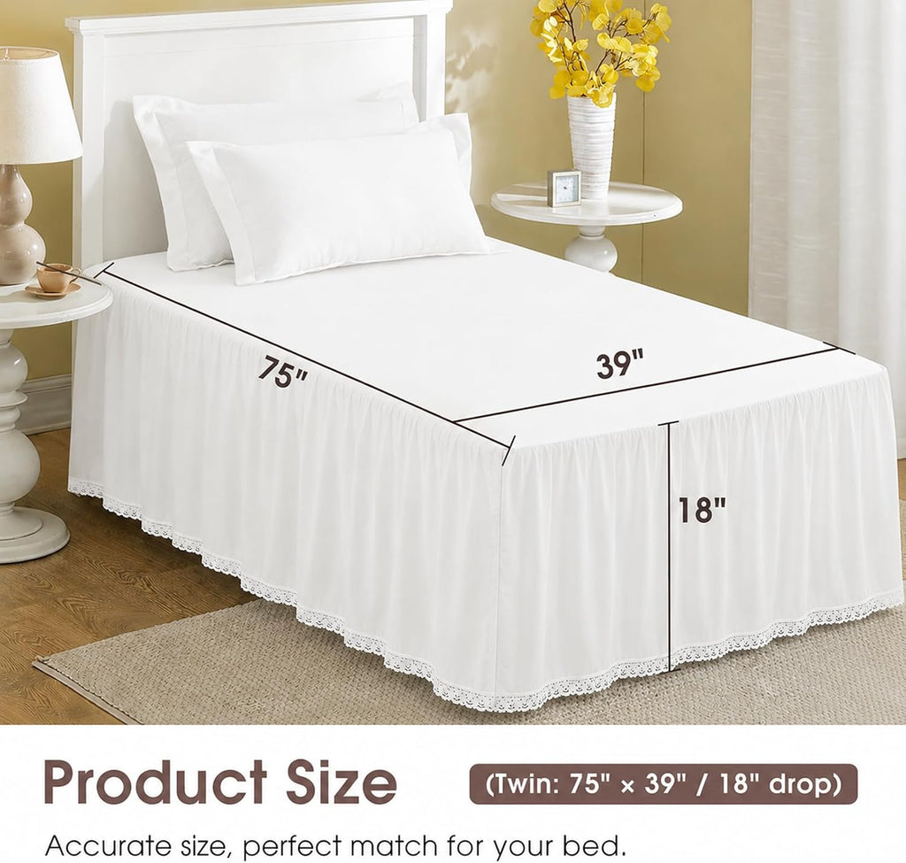 Twin Bed Skirt 18 Inch Drop White - Ruffled Dust Ruffle with Lace Trim, 100% Cotton Soft Breathable Bed Skirt for