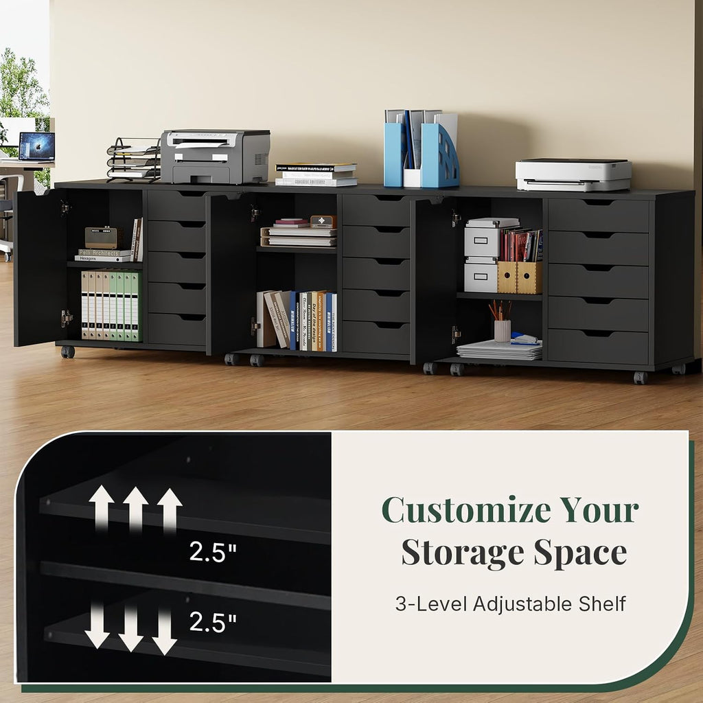 5-Drawer File Cabinet, Printer Stand with Storage, Black | Wood Under Desk with Organizer with Door and Adjustable