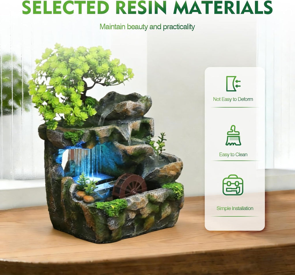 Tabletop Waterfall Fountain with Flowing Water & LED Lights - Indoor Resin Rockery Desk Fountain Relaxation &