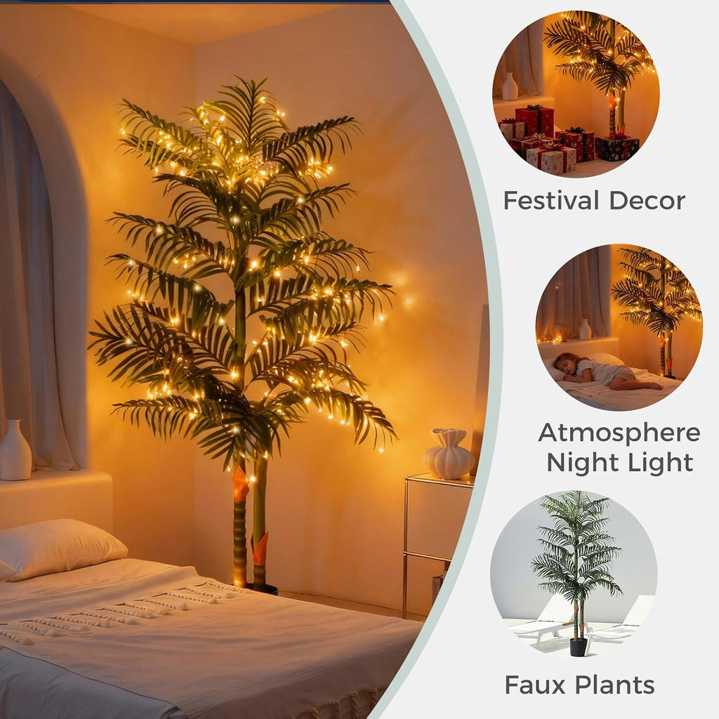 5FT Artificial Palm Tree Tall Plant with Planter & Moss, Realistic 2-Trunk Artificial Tree with Lights, Lifelike