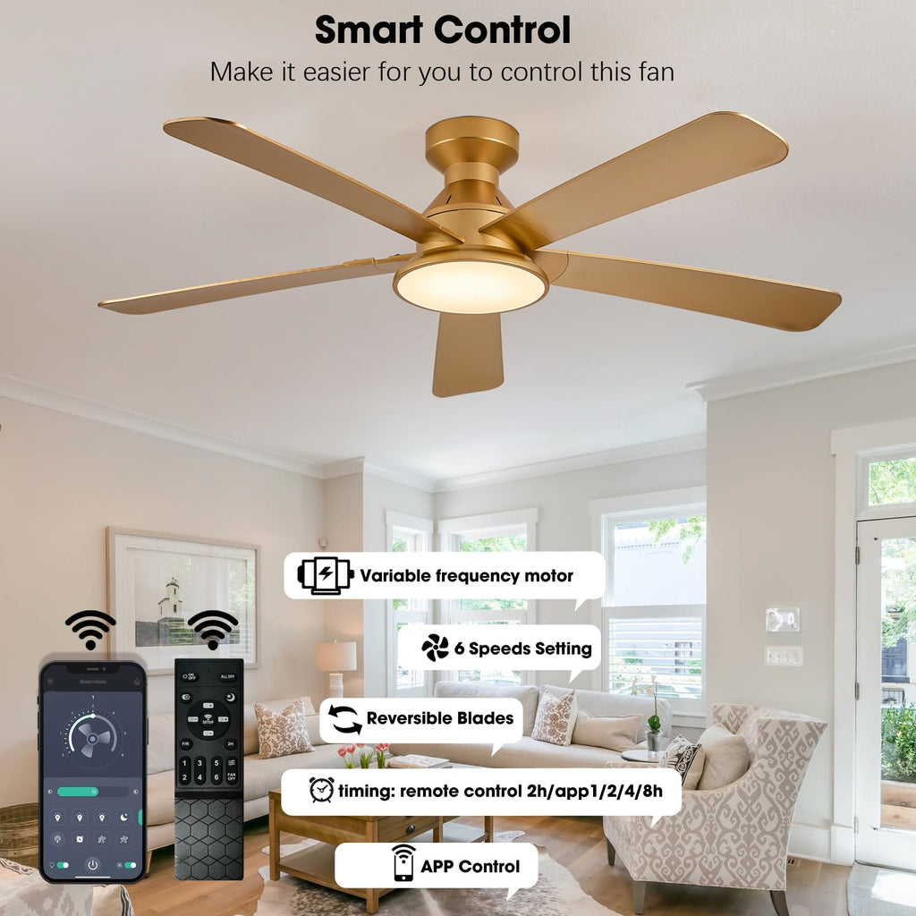 52" Low Profile Ceiling Fans with Lights Flush Mount, Luxury Gold