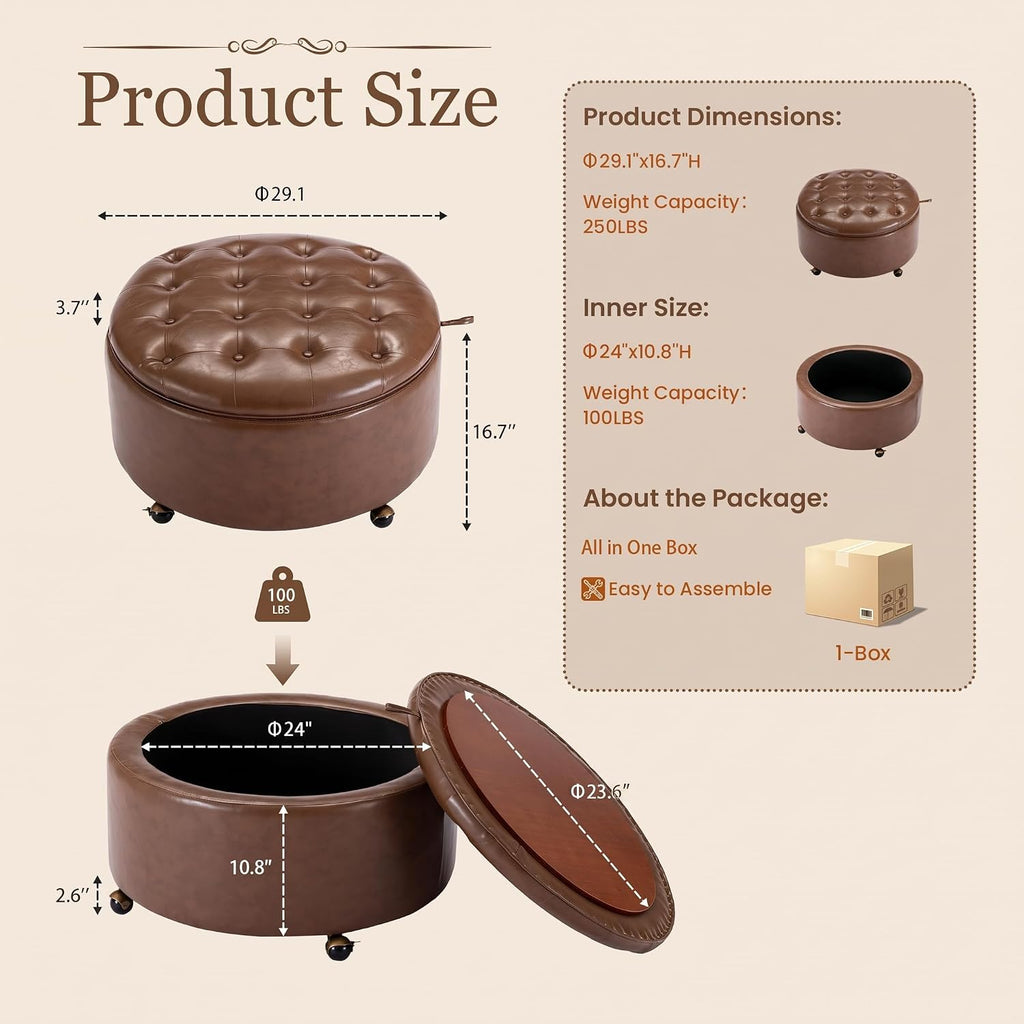 29" Large Round Storage Ottoman with Tray , Brown | Modern PU Leather Coffee Table Ottoman with Storage & Wheels