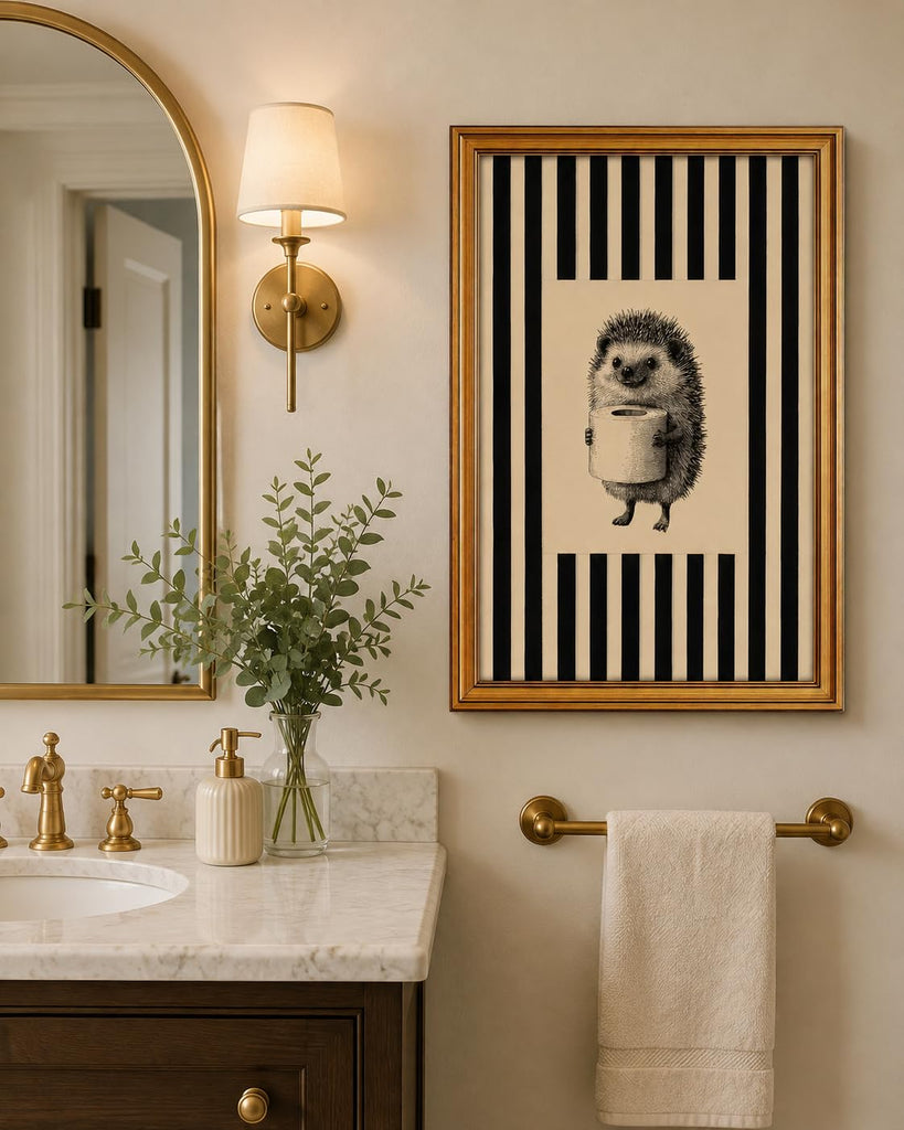 Gold Framed Wall Art, Funny Bathroom Hedgehog Canvas Prints, Vintage Hedgehog Holding Toilet Roll Picture Wall Decor