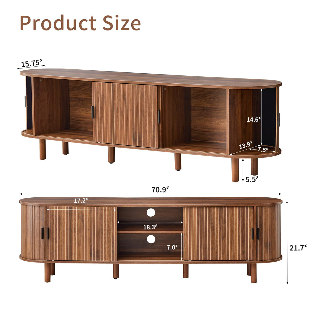 70-Inch Mid Century Modern TV Stand, Curved Entertainment Center with Fluted Sliding Doors, Storage Cabinet for TVs
