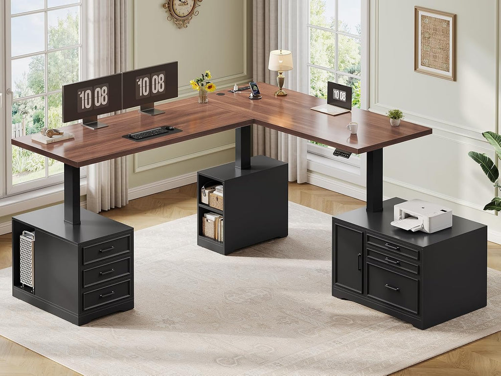 Farmhouse L Shaped Electric Standing Desk with File Cabinet, 77 x 55'' Height Adjustable Home Office Computer Desk