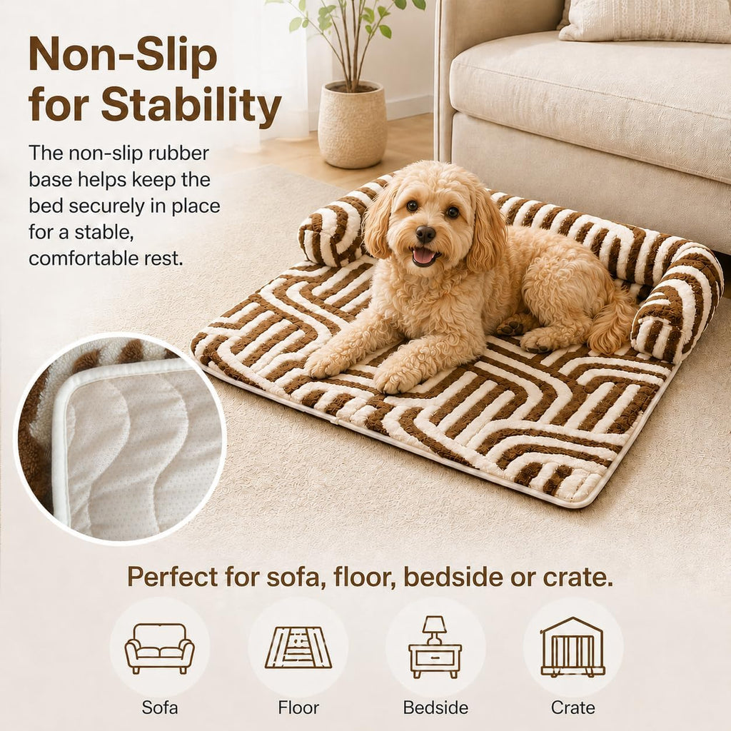 Calming Dog Bed Mats, Couch Bed Mat, Soft Flannel 3-Sided Bolster Pet Sofa Bed Supports Head & Neck, Brown Zebra