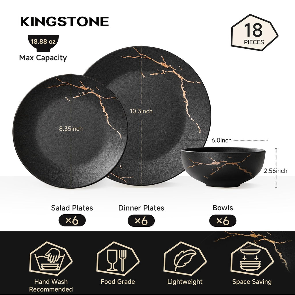 18-Piece Matte Crackle Dinnerware Sets, Black and Gold