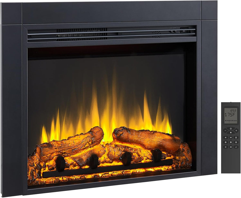 32 Inch Electric Fireplace Insert with Front Trim Kit, Fire Crackling Sound, 750W/1500W Heater, Remote Control, Black