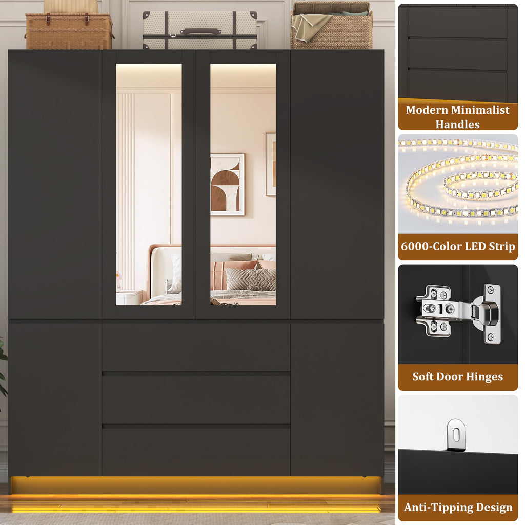 4 Doors Armoire Wooden Wardrobe Closet with 3 Drawers & 2 Mirror, 75"H Clothing Storage Cabinet with Hanging