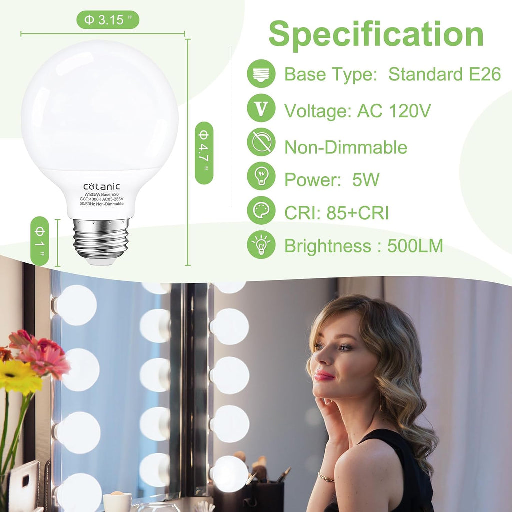 G25 LED Globe Light Bulbs, 5W Vanity Light Bulb (60W Equivalent),Daylight 4000K,Non-dimmable Makeup Mirror Lights for