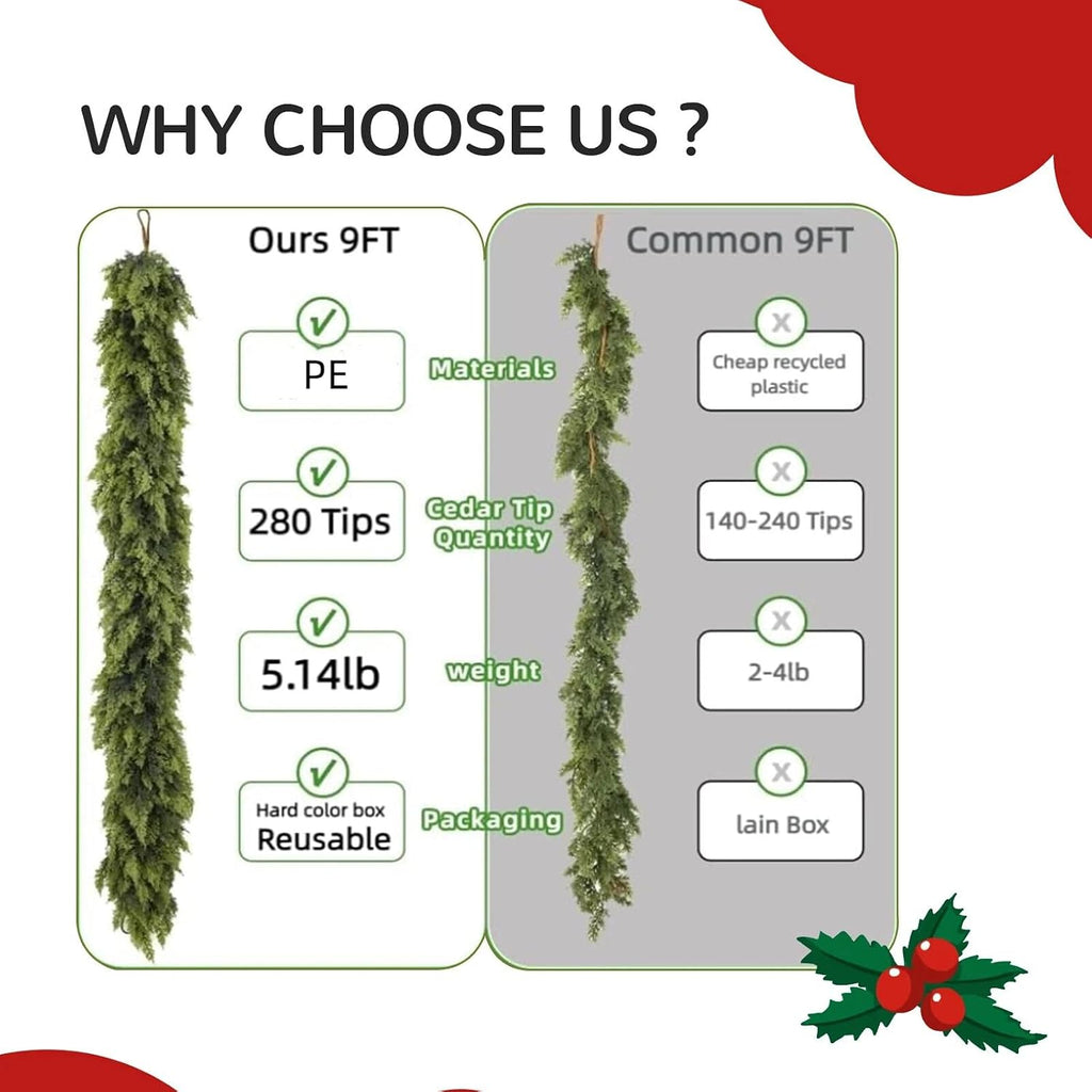 9FT Double Fullness Artificial Christmas Cedar Garland 280 Branches