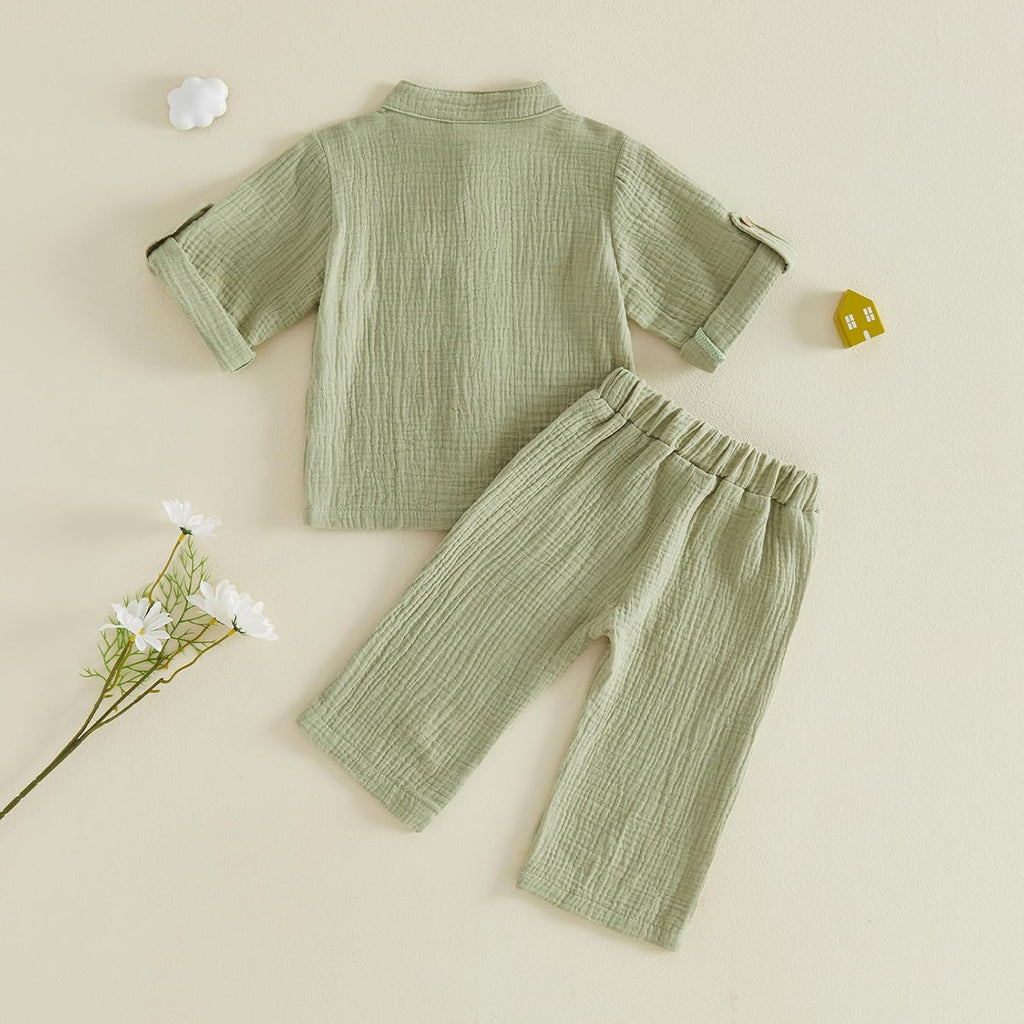 Baby Boy Cotton Linen Outfit Fall Winter Long Sleeve Button Down Henley Shirt Linen Pants Toddler Boys Clothes Set