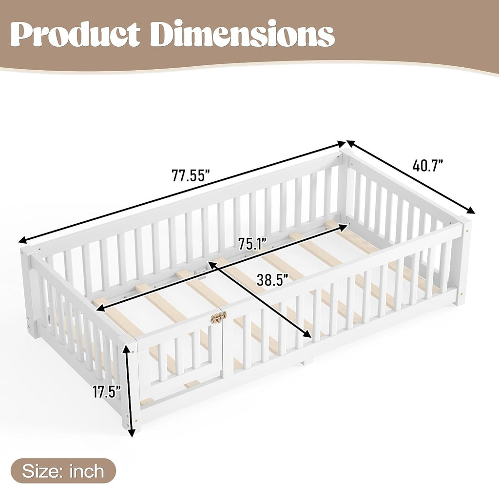 Twin Floor Bed with Slats, Fence and Door, Twin Size Montessori Floor Bed for Kids, Girls, Boys, Easy Assemble