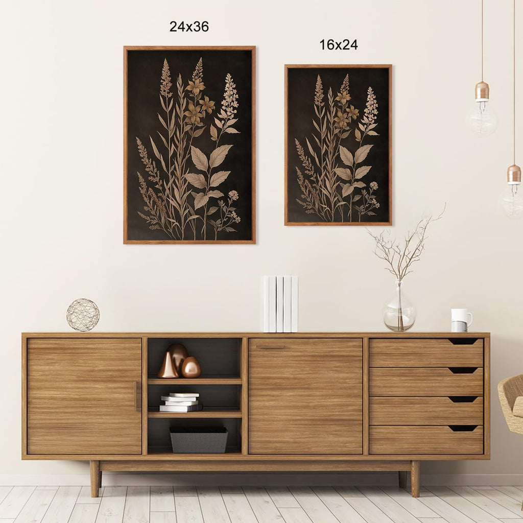 Vintage Botanical Fern Framed Canvas Wall Art Set, Black and Tan Plant Leaves Wall Decor, Modern Farmhouse Art