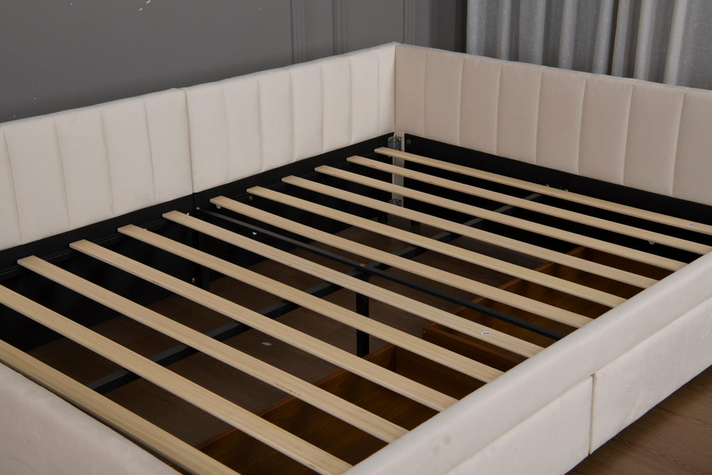 Full Corner bedframe with 2 Drawers, Upholstered daybed with Storage, L-Shape daybed Living Room, Beige + Velvet
