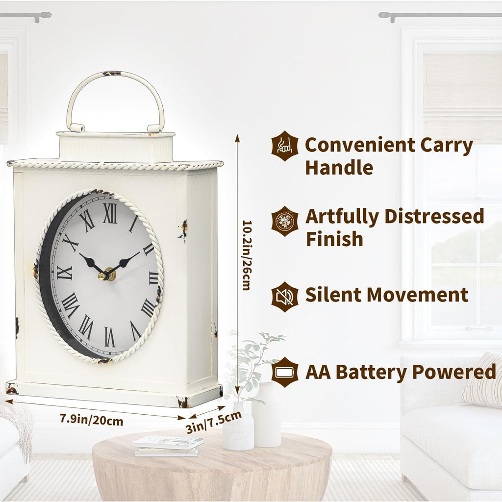 MODE HOME Vintage Mantel Clock, Large Rustic Distressed Metal Table Clock with Handle