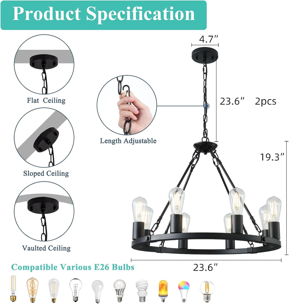 Inspired Camino Style Chandelier - 8 Lights Wagon Wheel Chandelier, Black Kitchen Island Lighting Fixture Round Metal Industrial Farmhouse Dining Room Pendant Light for Living Room Foyer Entryway,E26 Socket, 23.6". Height Adjustable A105-B0D78CXHYK