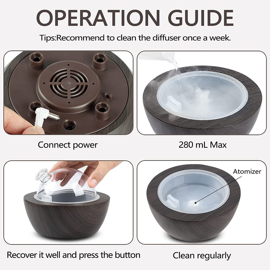 280ml Glass Essential Oil Diffuser Aromatherapy Diffusers Ultrasonic Cool Mist Humidifier with 2 Mist Modes & 7 Color