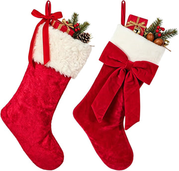 18" Red Velvet Christmas Stockings 2 Pack, Fluffy Faux Fur Mantel Decor