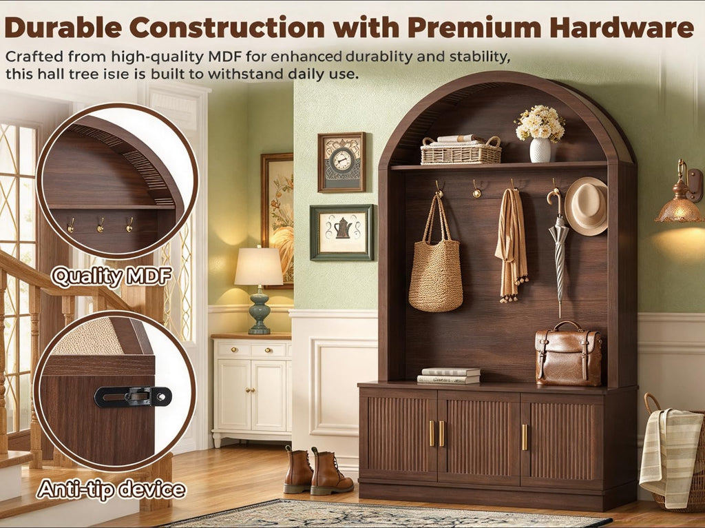 Hall Tree with Bench and Shoe Storage, Farmhouse Hall Tree with 5 Metal Hooks, Mudroom Furniture with Shelves