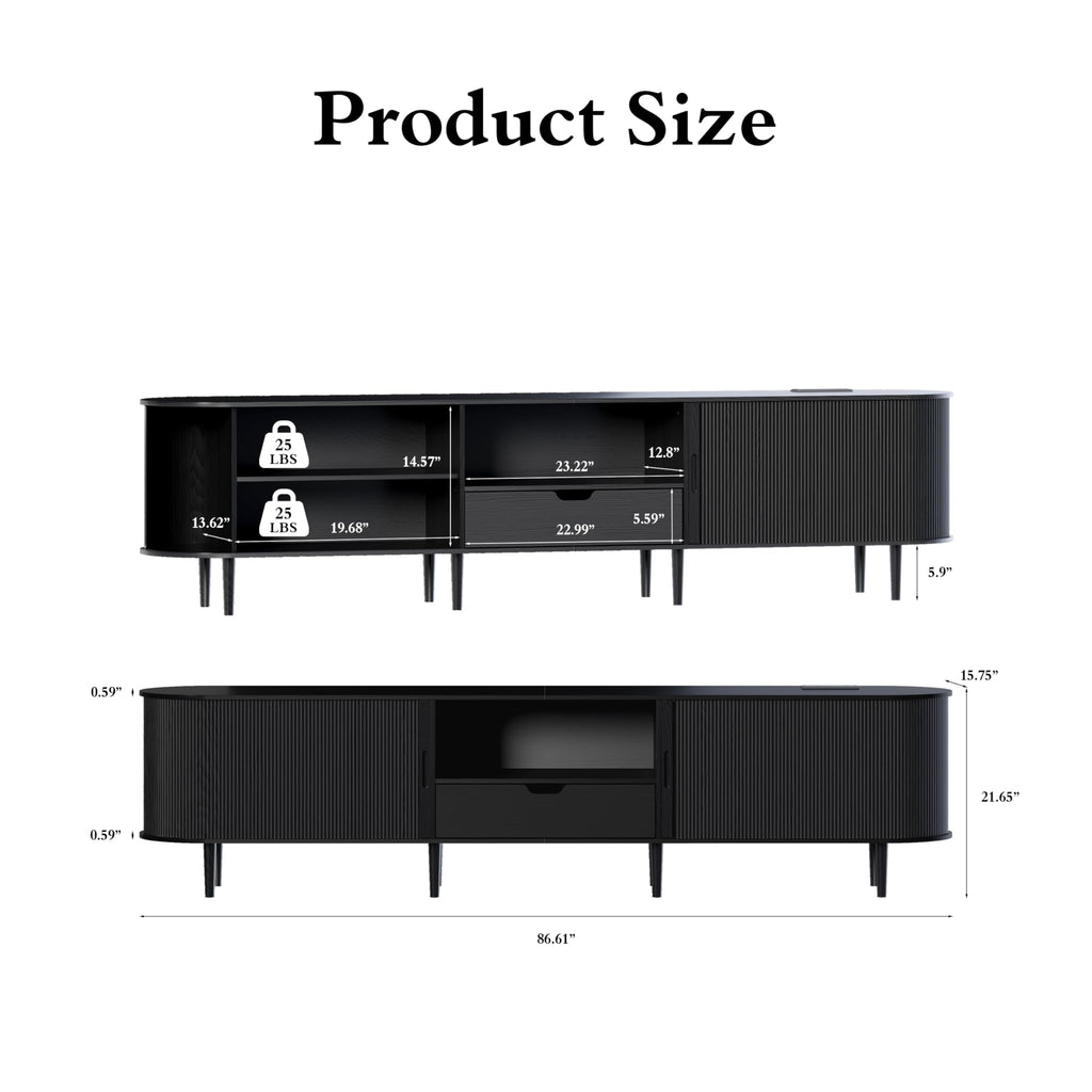 86.6" Fluted TV Stand with Power Outlet for TVs up to 90", TV Console with Adjustable Shelves and Sliding Door, Mid