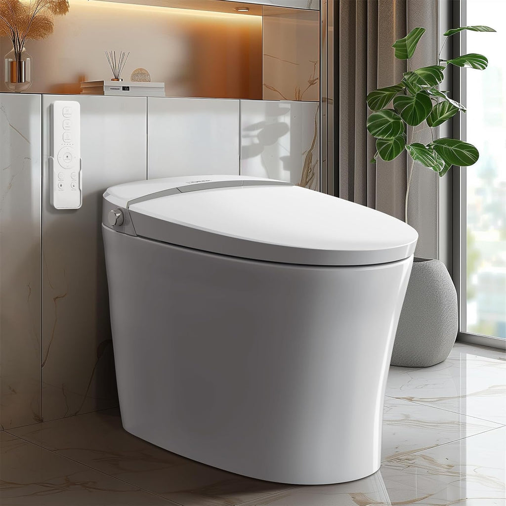 Elongated Smart Toilet with Bidet, Tankless One-Piece Design with Foot Sensor Auto Flush, Heated Seat