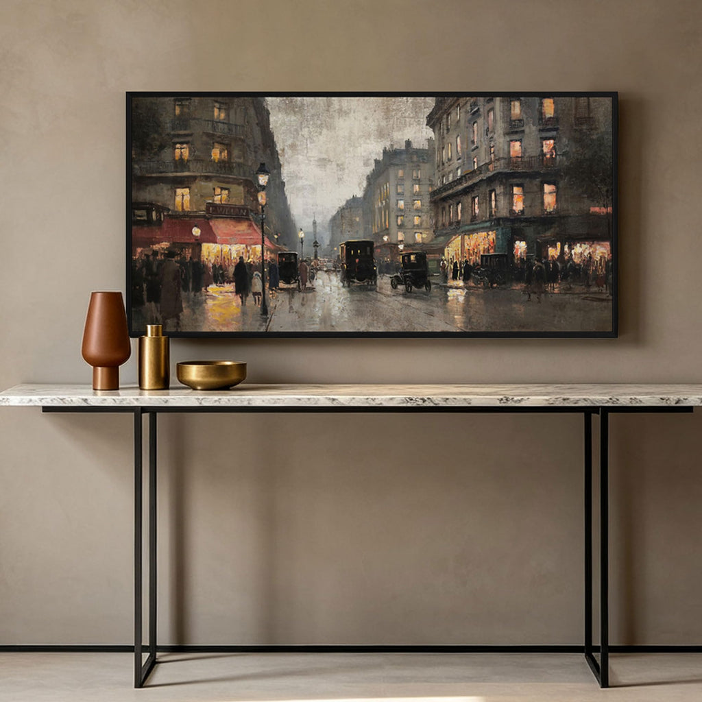 Vintage Paris Street Canvas Print, Black Framed Wall 40x20 Inch