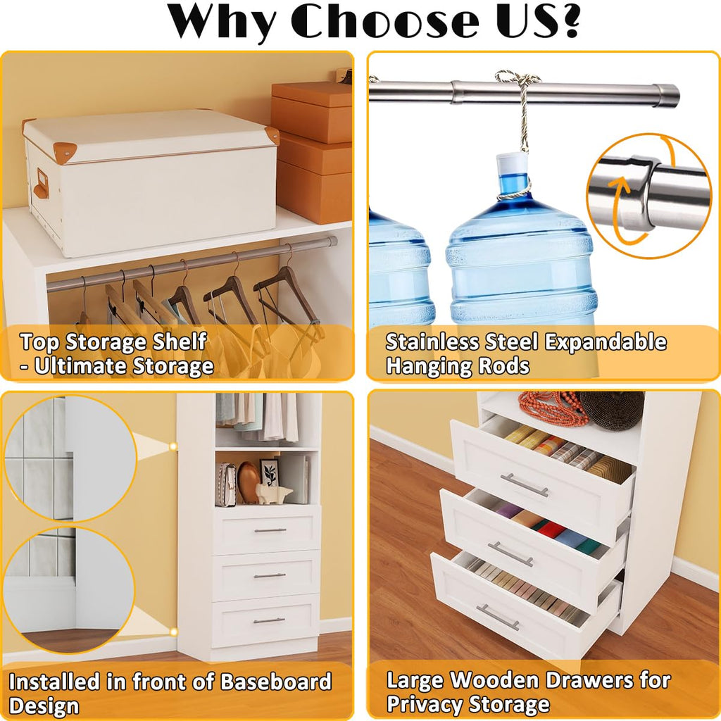 Closet System with 9 Drawers, 8FT-21FT Closet Organizer Systems with 9 Hanging Rods, Walk in Closet Freestanding