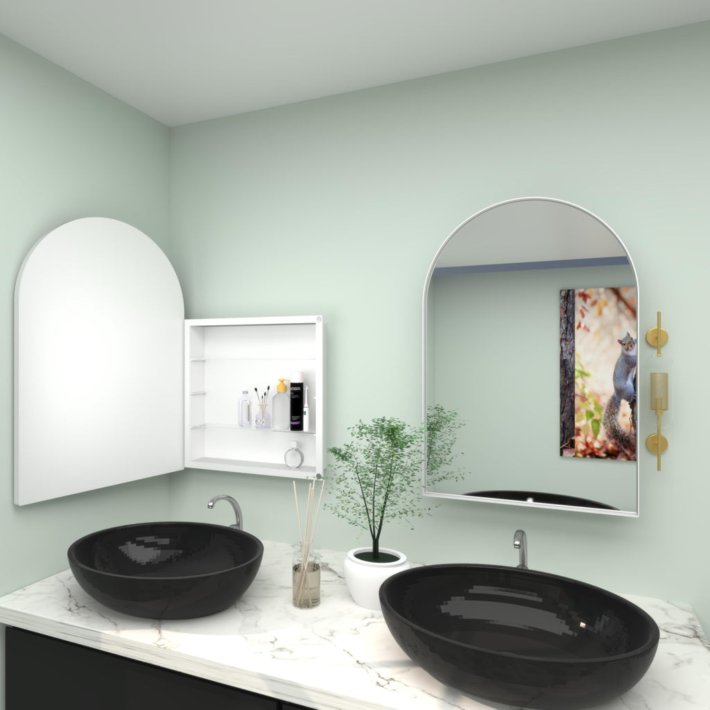 24" WX36 H Farmhouse Framed Medicine Cabinet with Mirror, Matte White Finish, Recessed or Surface Mount, Adjustable