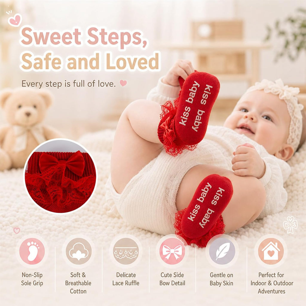 Baby Girl Ruffle Socks with Grips, Cotton Bowknot Lace Dress Socks