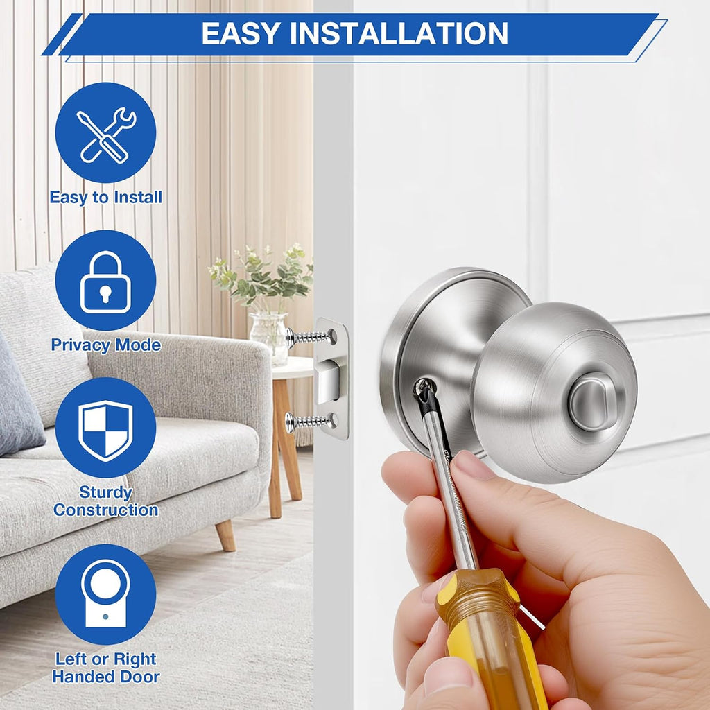 6 Pack Brushed Nickel Door Knobs,Privacy Door Knob with Lock, Interior Doorknobs Silver, Keyless Door Locks Set s