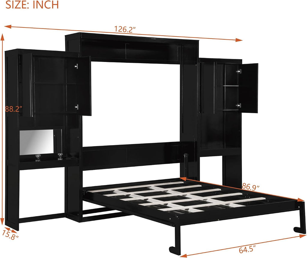 Murphy Bed Queen,Wood Storage Hide Cabinet Wall Beds with Desk and Vanity,Space-Saving Bedroom Furniture w/Cabinets &
